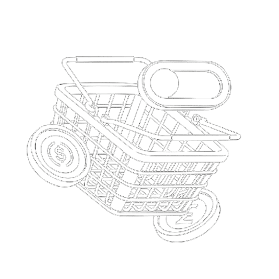 Shopping basket with currency coins and controls for flexible checkout